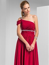 cheap Special Occasion Dresses-Sheath / Column Elegant Prom Formal Evening Dress One Shoulder Short Sleeve Sweep / Brush Train Chiffon with Ruched Beading 2022