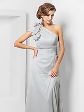 cheap Weddings &amp; Events-Sheath / Column Elegant Dress Wedding Guest Formal Evening Floor Length Sleeveless One Shoulder Bridesmaid Dress Chiffon with Sash / Ribbon Appliques 2023