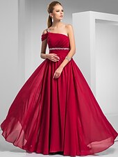 cheap Special Occasion Dresses-Sheath / Column Elegant Prom Formal Evening Dress One Shoulder Short Sleeve Sweep / Brush Train Chiffon with Ruched Beading 2022