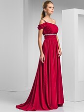 cheap Special Occasion Dresses-Sheath / Column Elegant Prom Formal Evening Dress One Shoulder Short Sleeve Sweep / Brush Train Chiffon with Ruched Beading 2022