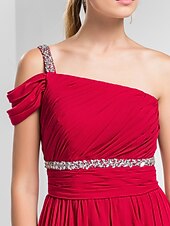 cheap Special Occasion Dresses-Sheath / Column Elegant Prom Formal Evening Dress One Shoulder Short Sleeve Sweep / Brush Train Chiffon with Ruched Beading 2022