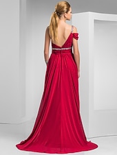 cheap Special Occasion Dresses-Sheath / Column Elegant Prom Formal Evening Dress One Shoulder Short Sleeve Sweep / Brush Train Chiffon with Ruched Beading 2022