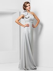 cheap Weddings &amp; Events-Sheath / Column Elegant Dress Wedding Guest Formal Evening Floor Length Sleeveless One Shoulder Bridesmaid Dress Chiffon with Sash / Ribbon Appliques 2023