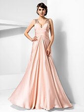 cheap Weddings &amp; Events-Sheath / Column V Neck Floor Length Satin Chiffon Dress with Beading / Criss Cross by TS Couture®