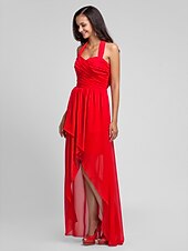 זול שמלות שושבינה-נשף / גזרת A קולר א-סימטרי / עד הריצפה שיפון שמלה לשושבינה  עם בד בהצלבה / תד נשפך