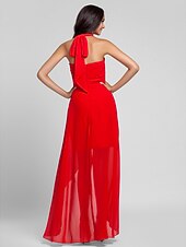 זול שמלות שושבינה-נשף / גזרת A קולר א-סימטרי / עד הריצפה שיפון שמלה לשושבינה  עם בד בהצלבה / תד נשפך