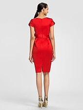 cheap Bridesmaid Dresses-Sheath / Column Bridesmaid Dress Jewel Neck Short Sleeve Knee Length Satin with Sash / Ribbon / Bow(s)