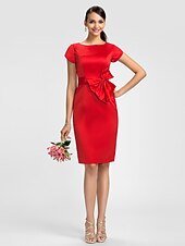 cheap Bridesmaid Dresses-Sheath / Column Bridesmaid Dress Jewel Neck Short Sleeve Knee Length Satin with Sash / Ribbon / Bow(s)