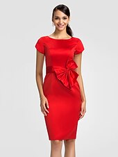 cheap Bridesmaid Dresses-Sheath / Column Bridesmaid Dress Jewel Neck Short Sleeve Knee Length Satin with Sash / Ribbon / Bow(s)