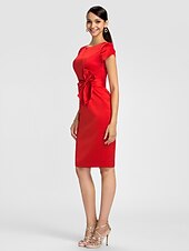 cheap Bridesmaid Dresses-Sheath / Column Bridesmaid Dress Jewel Neck Short Sleeve Knee Length Satin with Sash / Ribbon / Bow(s)