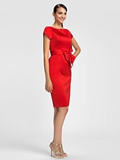 cheap Bridesmaid Dresses-Sheath / Column Bridesmaid Dress Jewel Neck Short Sleeve Knee Length Satin with Sash / Ribbon / Bow(s)