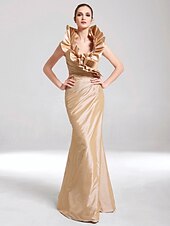 baratos Casamento &amp; Festas-Sereia Elegante Vestido Desgaste do partido Longo Sem Manga Decote V Tafetá com Fru-Fru 2022