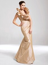 baratos Casamento &amp; Festas-Sereia Elegante Vestido Desgaste do partido Longo Sem Manga Decote V Tafetá com Fru-Fru 2022