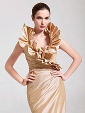 baratos Casamento &amp; Festas-Sereia Elegante Vestido Desgaste do partido Longo Sem Manga Decote V Tafetá com Fru-Fru 2022