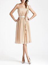 cheap Bridesmaid Dresses-Sheath / Column One Shoulder Knee Length Chiffon Bridesmaid Dress with Sash / Ribbon / Ruffles / Draping