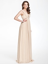 cheap Bridesmaid Dresses-A-Line Bridesmaid Dress V Neck Sleeveless Beautiful Back Floor Length Chiffon with Pleats / Beading / Draping 2022