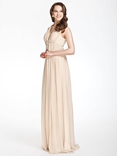 cheap Bridesmaid Dresses-A-Line Bridesmaid Dress V Neck Sleeveless Beautiful Back Floor Length Chiffon with Pleats / Beading / Draping 2022