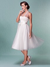 preiswerte Hochzeitskleider-Standesamt Hochzeitskleider A-Linie Halfterhals Reguläre Träger Knie-Länge Satin Brautkleider Mit Schleife Schärpe / Band 2025
