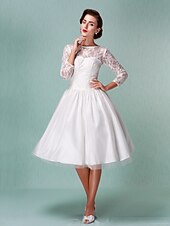 baratos Vestidos de Casamento-Linha A Vestidos de noiva Bateau Neck Até os Joelhos Renda Tule Manga 3/4 Vestidos Brancos Justos com Renda 2020 / Ilusão