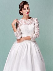 baratos Vestidos de Casamento-Linha A Vestidos de noiva Bateau Neck Até os Joelhos Renda Tule Manga 3/4 Vestidos Brancos Justos com Renda 2020 / Ilusão