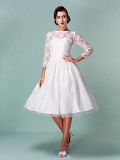 baratos Vestidos de Casamento-Linha A Vestidos de noiva Bateau Neck Até os Joelhos Renda Tule Manga 3/4 Vestidos Brancos Justos com Renda 2020 / Ilusão