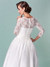 baratos Vestidos de Casamento-Linha A Vestidos de noiva Bateau Neck Até os Joelhos Renda Tule Manga 3/4 Vestidos Brancos Justos com Renda 2020 / Ilusão