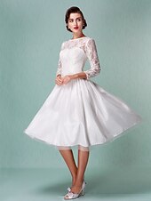 baratos Vestidos de Casamento-Linha A Vestidos de noiva Bateau Neck Até os Joelhos Renda Tule Manga 3/4 Vestidos Brancos Justos com Renda 2020 / Ilusão