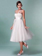 preiswerte Hochzeitskleider-Standesamt Hochzeitskleider A-Linie Halfterhals Reguläre Träger Knie-Länge Satin Brautkleider Mit Schleife Schärpe / Band 2025