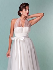 preiswerte Hochzeitskleider-Standesamt Hochzeitskleider A-Linie Halfterhals Reguläre Träger Knie-Länge Satin Brautkleider Mit Schleife Schärpe / Band 2025