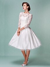 baratos Vestidos de Casamento-Linha A Vestidos de noiva Bateau Neck Até os Joelhos Renda Tule Manga 3/4 Vestidos Brancos Justos com Renda 2020 / Ilusão