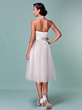 preiswerte Hochzeitskleider-Standesamt Hochzeitskleider A-Linie Halfterhals Reguläre Träger Knie-Länge Satin Brautkleider Mit Schleife Schärpe / Band 2025