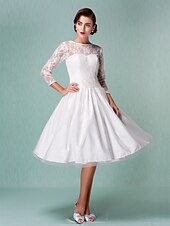 baratos Vestidos de Casamento-Linha A Vestidos de noiva Bateau Neck Até os Joelhos Renda Tule Manga 3/4 Vestidos Brancos Justos com Renda 2020 / Ilusão