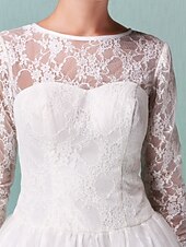 baratos Vestidos de Casamento-Linha A Vestidos de noiva Bateau Neck Até os Joelhos Renda Tule Manga 3/4 Vestidos Brancos Justos com Renda 2020 / Ilusão