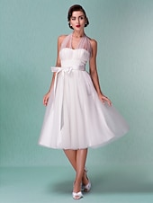 preiswerte Hochzeitskleider-Standesamt Hochzeitskleider A-Linie Halfterhals Reguläre Träger Knie-Länge Satin Brautkleider Mit Schleife Schärpe / Band 2025