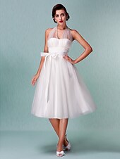preiswerte Hochzeitskleider-Standesamt Hochzeitskleider A-Linie Halfterhals Reguläre Träger Knie-Länge Satin Brautkleider Mit Schleife Schärpe / Band 2025