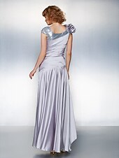 cheap Mother of the Bride-A-Line Mother of the Bride Dress Lace Up Scoop Neck Asymmetrical Satin Chiffon Short Sleeve with Sequin Side Draping Flower 2021