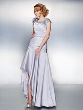 cheap Mother of the Bride-A-Line Mother of the Bride Dress Lace Up Scoop Neck Asymmetrical Satin Chiffon Short Sleeve with Sequin Side Draping Flower 2021
