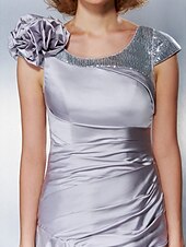 cheap Mother of the Bride-A-Line Mother of the Bride Dress Lace Up Scoop Neck Asymmetrical Satin Chiffon Short Sleeve with Sequin Side Draping Flower 2021