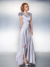 cheap Mother of the Bride-A-Line Mother of the Bride Dress Lace Up Scoop Neck Asymmetrical Satin Chiffon Short Sleeve with Sequin Side Draping Flower 2021