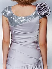 cheap Mother of the Bride-A-Line Mother of the Bride Dress Lace Up Scoop Neck Asymmetrical Satin Chiffon Short Sleeve with Sequin Side Draping Flower 2021