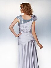 cheap Mother of the Bride-A-Line Mother of the Bride Dress Lace Up Scoop Neck Asymmetrical Satin Chiffon Short Sleeve with Sequin Side Draping Flower 2021