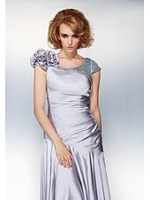 cheap Mother of the Bride-A-Line Mother of the Bride Dress Lace Up Scoop Neck Asymmetrical Satin Chiffon Short Sleeve with Sequin Side Draping Flower 2021