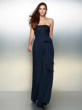 cheap Evening Dresses-Jumpsuits Elegant Dress Wedding Guest Formal Evening Floor Length Sleeveless Strapless Chiffon with Bow(s) Beading 2023