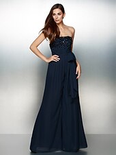 cheap Evening Dresses-Jumpsuits Elegant Dress Wedding Guest Formal Evening Floor Length Sleeveless Strapless Chiffon with Bow(s) Beading 2023