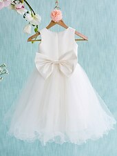 abordables Robes de petite fille-Robe de Soirée Mi-long Robes de demoiselle d'honneur Mariage Satin Sans Manches Bijoux avec Noeud(s) / Première communion