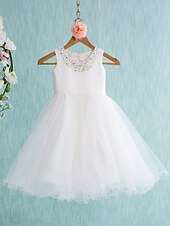 abordables Robes de petite fille-Robe de Soirée Mi-long Robes de demoiselle d'honneur Mariage Satin Sans Manches Bijoux avec Noeud(s) / Première communion