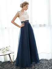 economico Abiti per le feste-Abito Elegante A-Line Invitate a Matrimoni Prom Lunghezza a Terra Senza Maniche Collo Illusione Tulle su Pizzo con Perlina