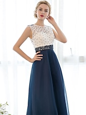 economico Abiti per le feste-Abito Elegante A-Line Invitate a Matrimoni Prom Lunghezza a Terra Senza Maniche Collo Illusione Tulle su Pizzo con Perlina