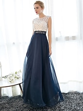 economico Abiti per le feste-Abito Elegante A-Line Invitate a Matrimoni Prom Lunghezza a Terra Senza Maniche Collo Illusione Tulle su Pizzo con Perlina