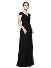 cheap Evening Dresses-Sheath / Column Minimalist Elegant Formal Evening Wedding Party Dress V Neck Short Sleeve Floor Length Chiffon Lace with Lace Insert 2021
